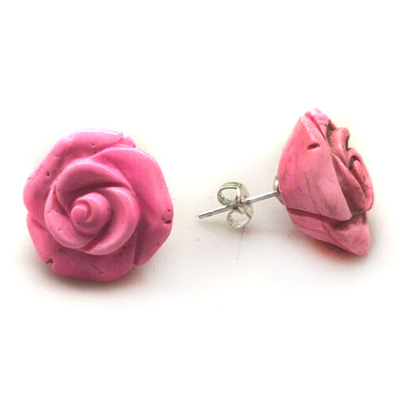20mm Pink Turquoise Carved Rose Flower Earring with 925 Sterling Silver Stud
