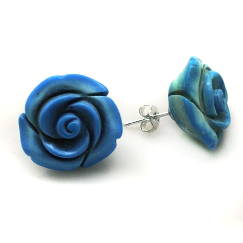 20mm Blue Turquoise Carved Rose Flower Earring with 925 Sterling Silver Stud