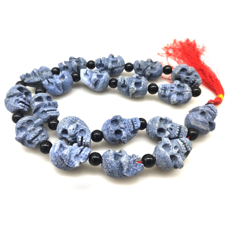 24 inches 20x25mm Blue Sponge Coral Skull Carved Style Pendent Necklace