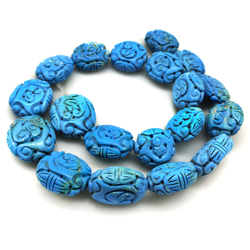 16 inches 12x25mm Blue Flat Oval Totem Carved Turquoise Beads Loose Strand