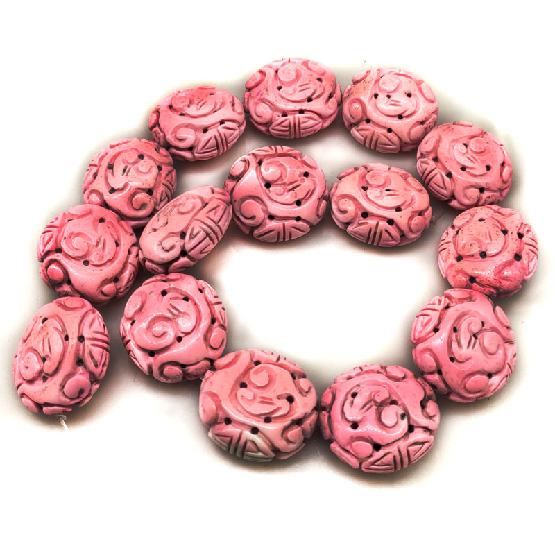 16 inches 12x25mm Pink Flat Oval Totem Carved Turquoise Beads Loose Strand