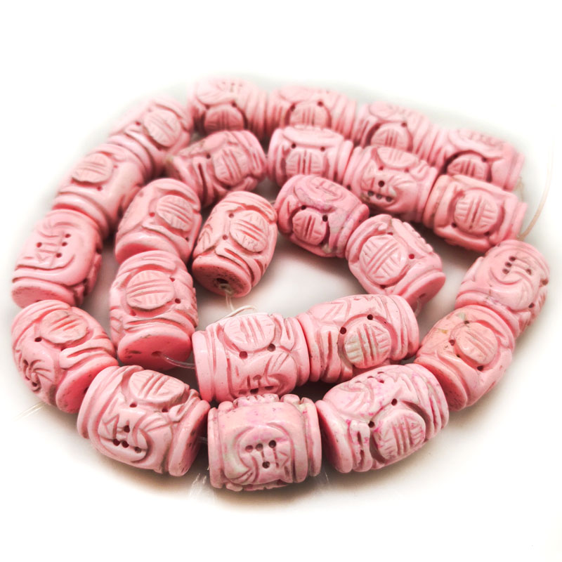 16 inches 14-20mm Pink Drum Floral Totem Carved Bamboo Coral Beads Loose Strand