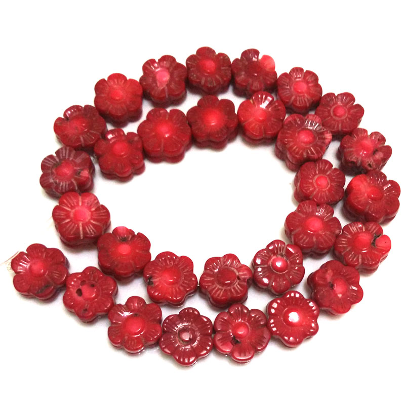 16 inches 7x14mm Red Double Faced Flower Shaped Natural Coral Beads Loos Strand
