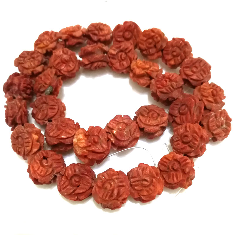 16 inches 8x16mm Red Flower Carved Natural Sponge Coral Beads Loose Strand