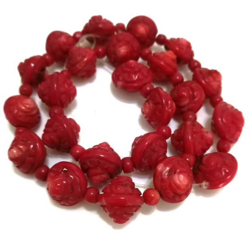 16 inches 14x14mm Red Peg-Top Flower Carved Natural Coral Beads Loose Strand