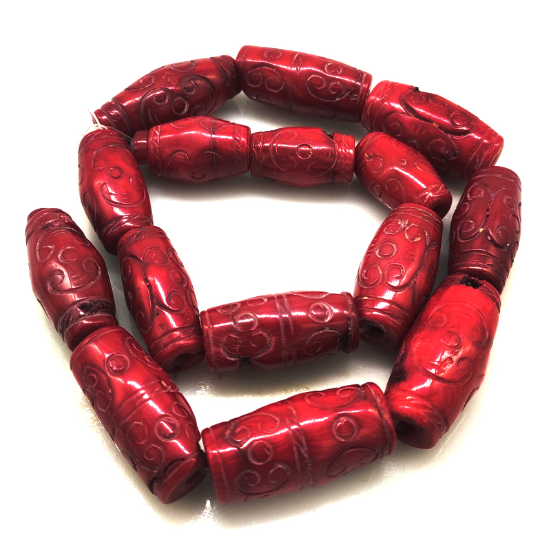 16 inches 15x30mm Red Drum Shaped Floral Carved Natural Coral Beads Loose Strand
