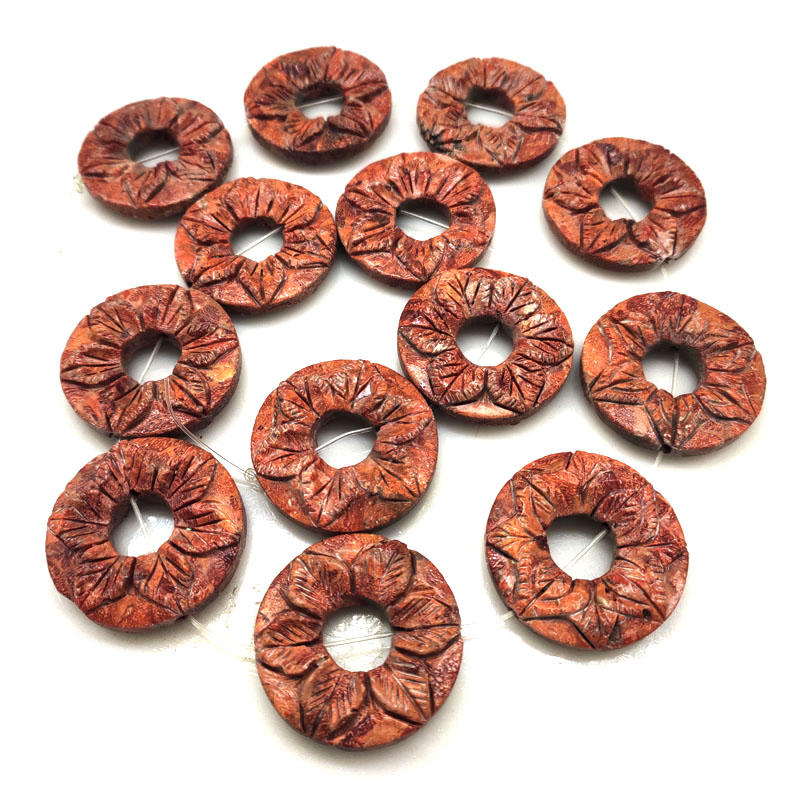 16 inches 7x33mm Floral Carved Donut Shaped Sponge Coral Beads Loose Strand