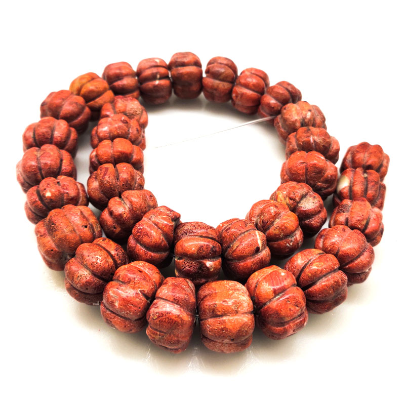 16 inches 13-18mm Red Pumpkin Carved Sponge Coral Beads Loose Strand