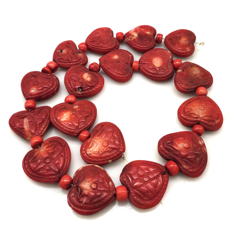 16 inches 7x24mm Red Heart Shaped Floral Carved Coral Beads Loose Strand
