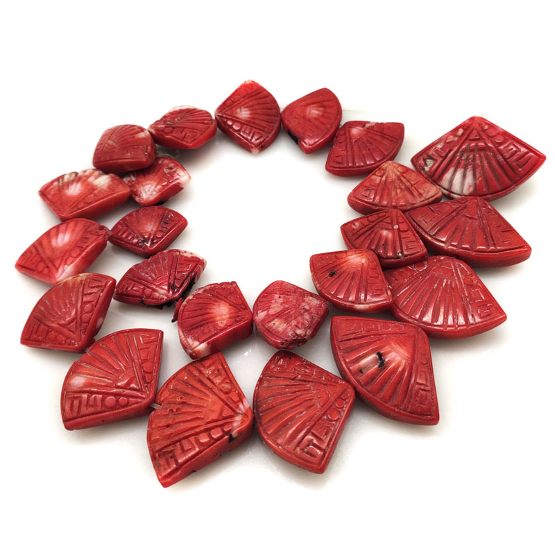 16 inches 7x20x28mm Red Fan Shape Carved Bamboo Coral Beads Loose Strand