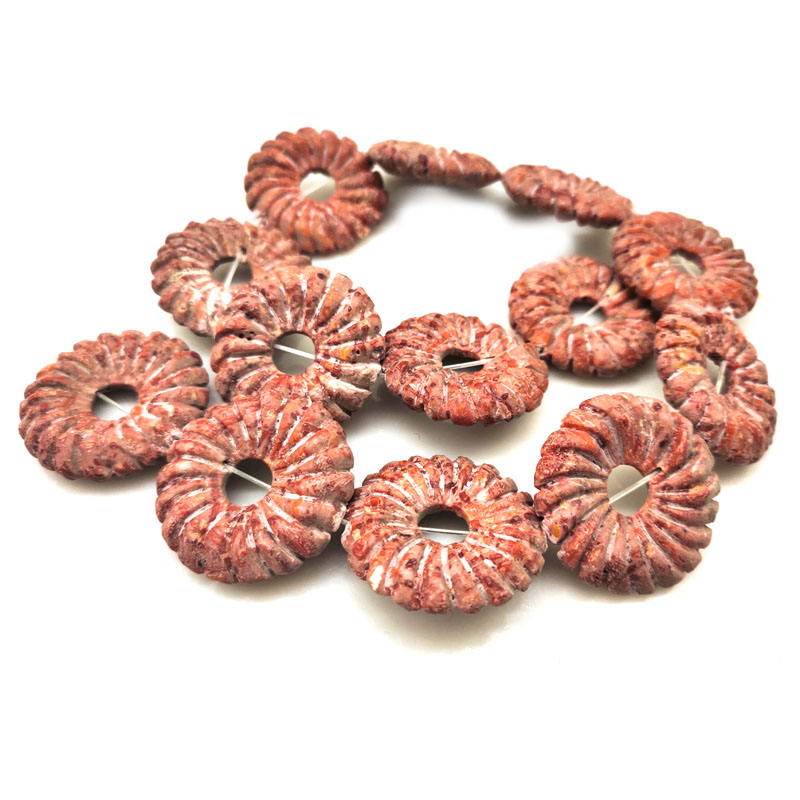 16 inches 8x35mm Red Donut Stripe Carved Sponge Coral Beads Loose Strand