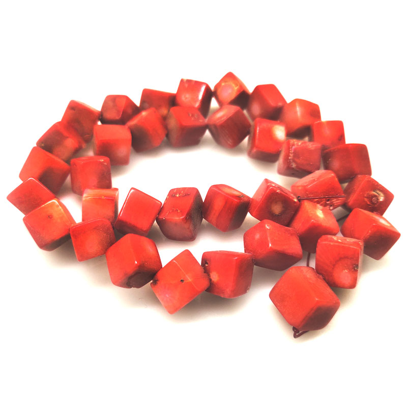 16 inches 9-10mm Red Cube Diagonally Drilled Bamboo Coral Beads Loose Strand