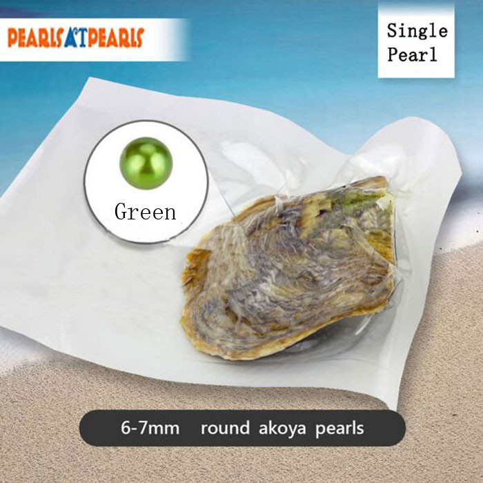 Wholesale Akoya Oyster with Single Green Natural Round Pearl