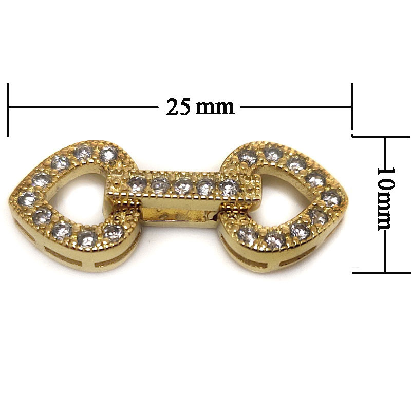 Wholesale 10x25mm 3 Rows Yellow Gold Double Heart Style 925 Silver Clasp