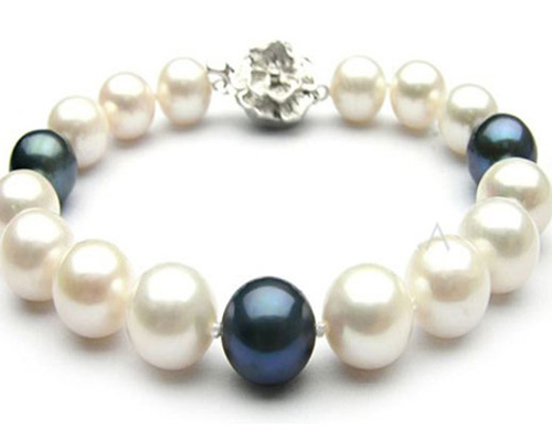 7.5 inches AA 10-11mm White&Black Pearl Bracelet with 925 Silver Clasp