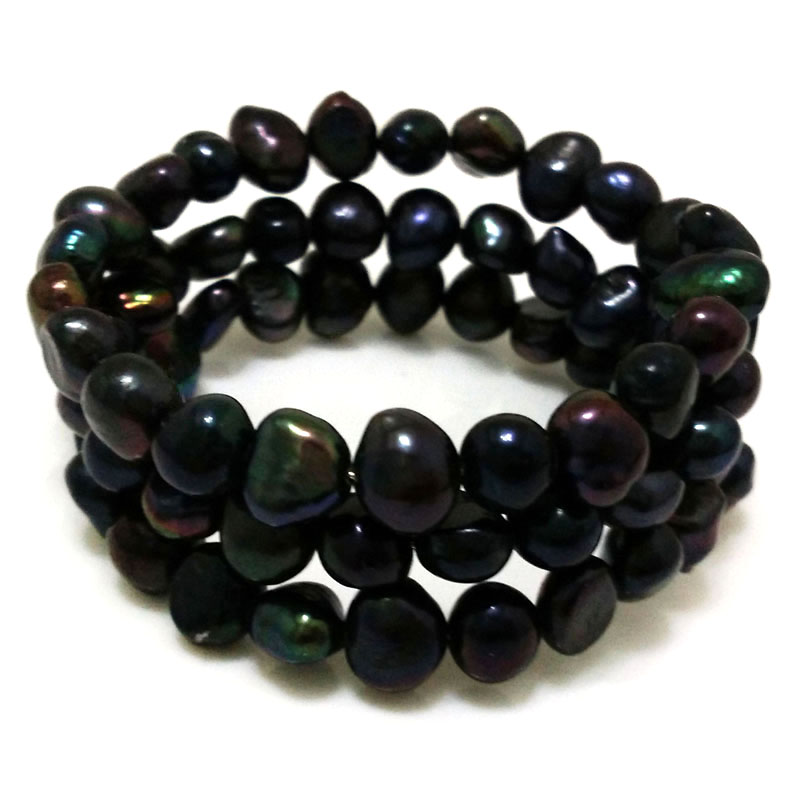 7.5-8 inches 8-9mm Black Natural Baroque Pearl Memory Wire Bracelet