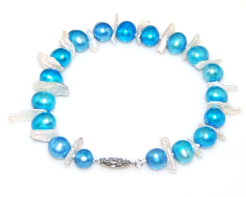 7.5 inches 8-9 mm Blue Oval Pearl & Biwa Pearl Bracelet