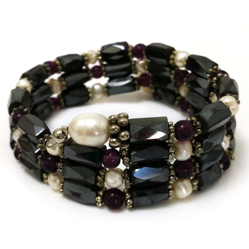 20 inches Natural White Pearl & Purple Crystal Magnete Bracelet