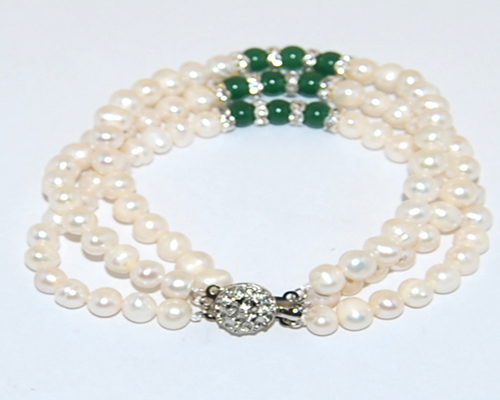 7.5 inches 3 rows 6-7mm White Freshwater Pearl & Jade Bracelet