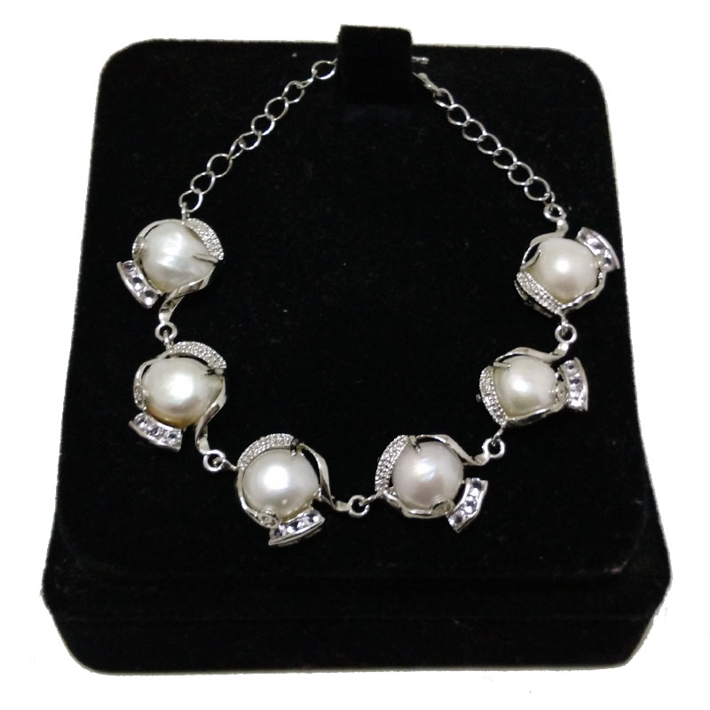 8 inches Silver Natural White Baroque Pearl Women Bracelet