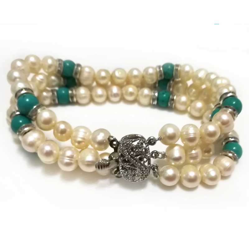 8 inches Three Rows 6-7mm White Freshwater Pearl & Turquoise Bead Bracelet