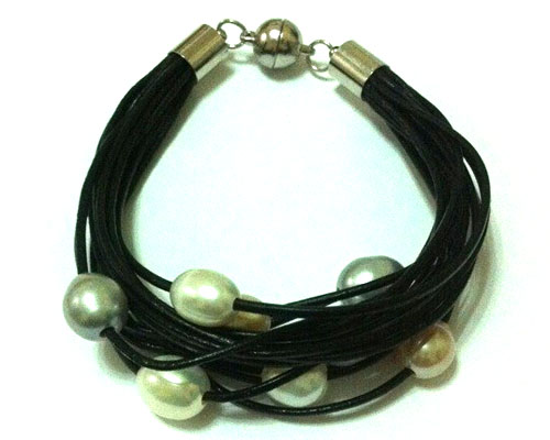 7-8 inches 8 rows Black Leather & 10-11 mm Rice Pearl Bracelet