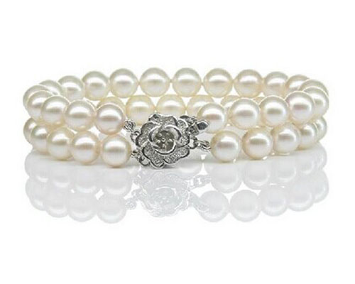 7.5 inches Double Rows 7-8mm AA White Round Freshwater Pearl Bracelet