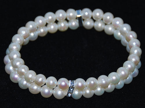 7 inches Double Rows 6-7mm White Pearl Bracelet with Crystal Bead Bracelet