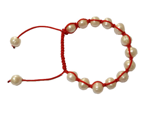 7.5 inches 9-10mm White Pearl &Red Thread Adjustable Braided Bracelet