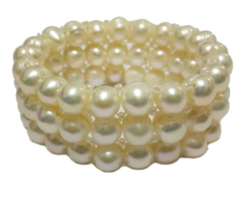 Three Rows 8-9mm White Freshwater Elastic Pearl Bracelet