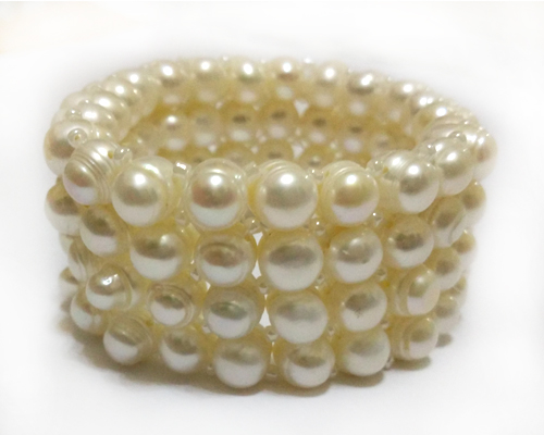 Four Row 8-9mm White Freshwater Elastic Pearl Bracelet