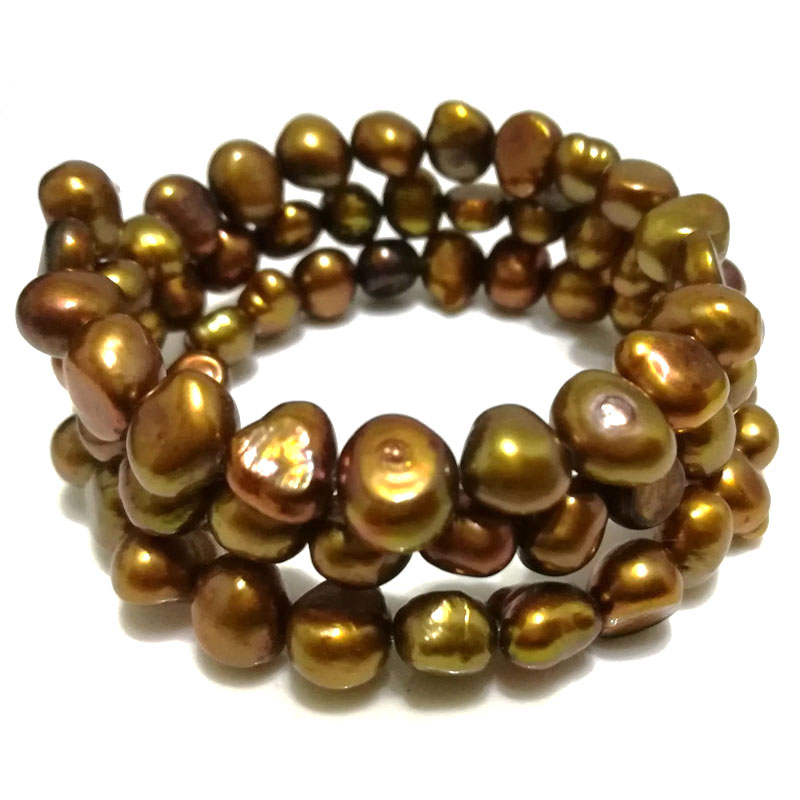 7.5-8 inches 8-9mm Coffee Baroque Pearl Memory Wire Bracelet