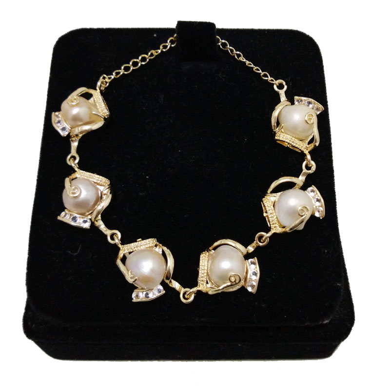 8 inches Yellow Gold Natural Pink Baroque Women Pearl Bracelet