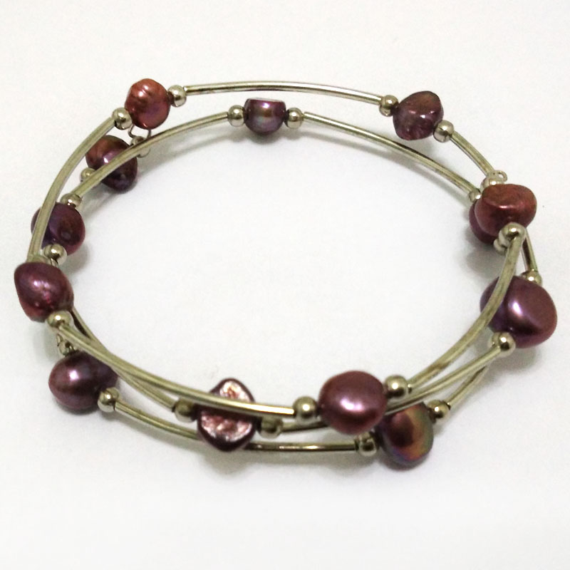 8 inches 8-9mm Purple Baroque Pearl Memory Wire Bracelet