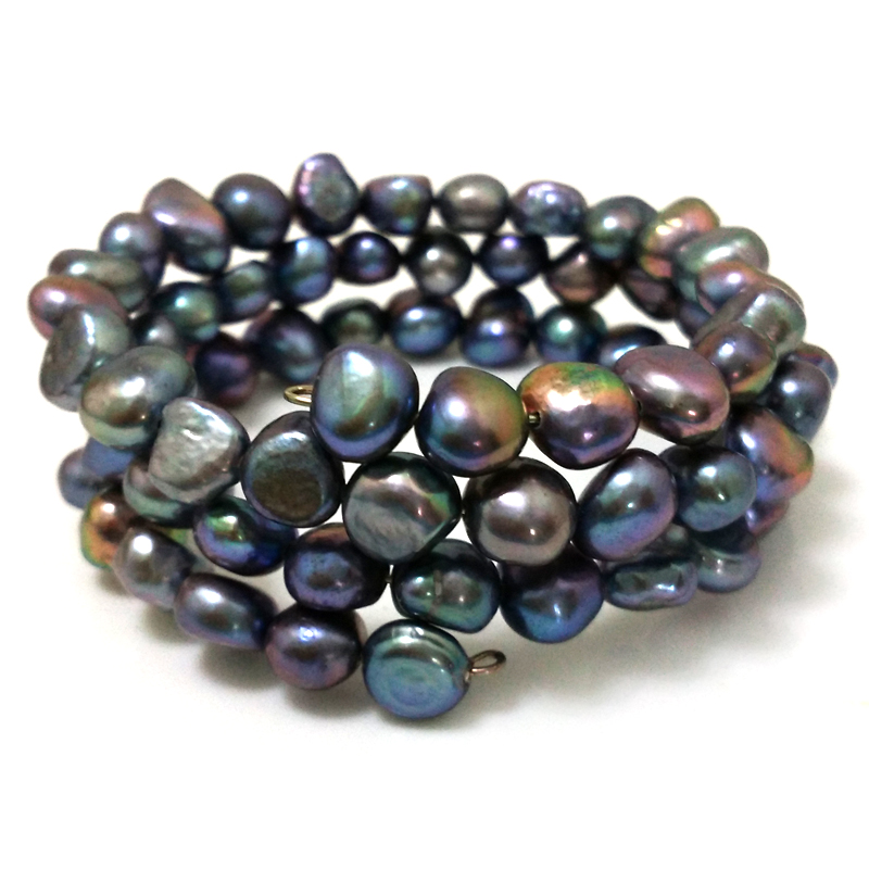 7.5-8 inches 7-8mm Dark Gray Baroque Pearl Memory Wire Bracelet