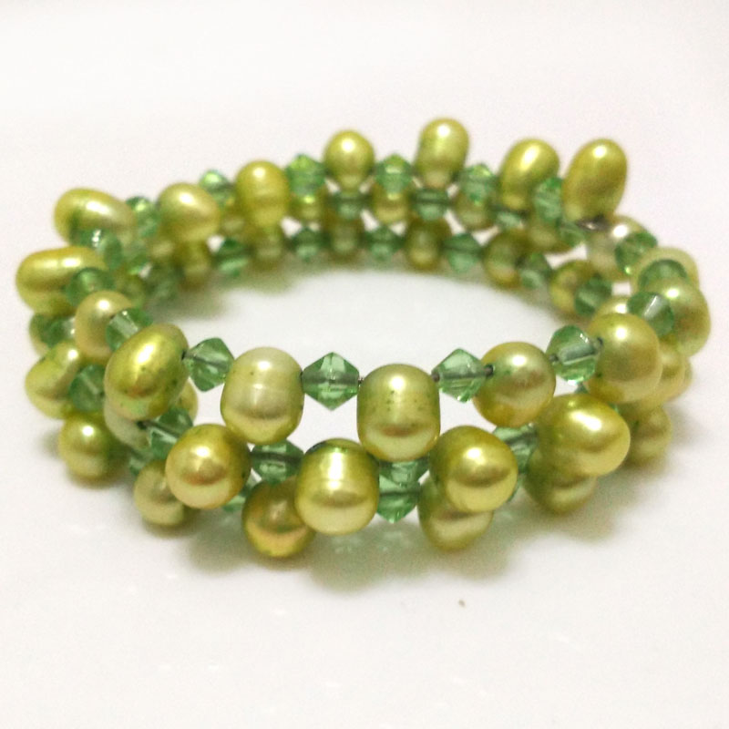 7.5-8 inches 7-8mm Green Dancing Pearl Memory Wire Bracelet