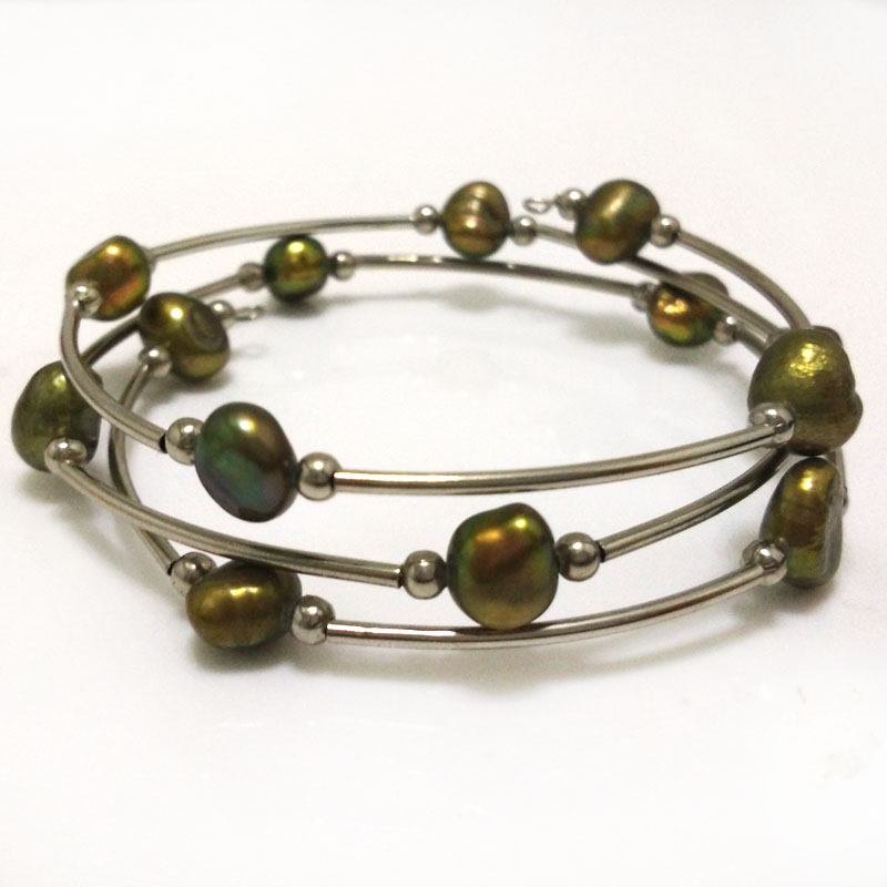 7.5-8 inches 8-9mm Dark Green Baroque Pearl Memory Wire Bracelet