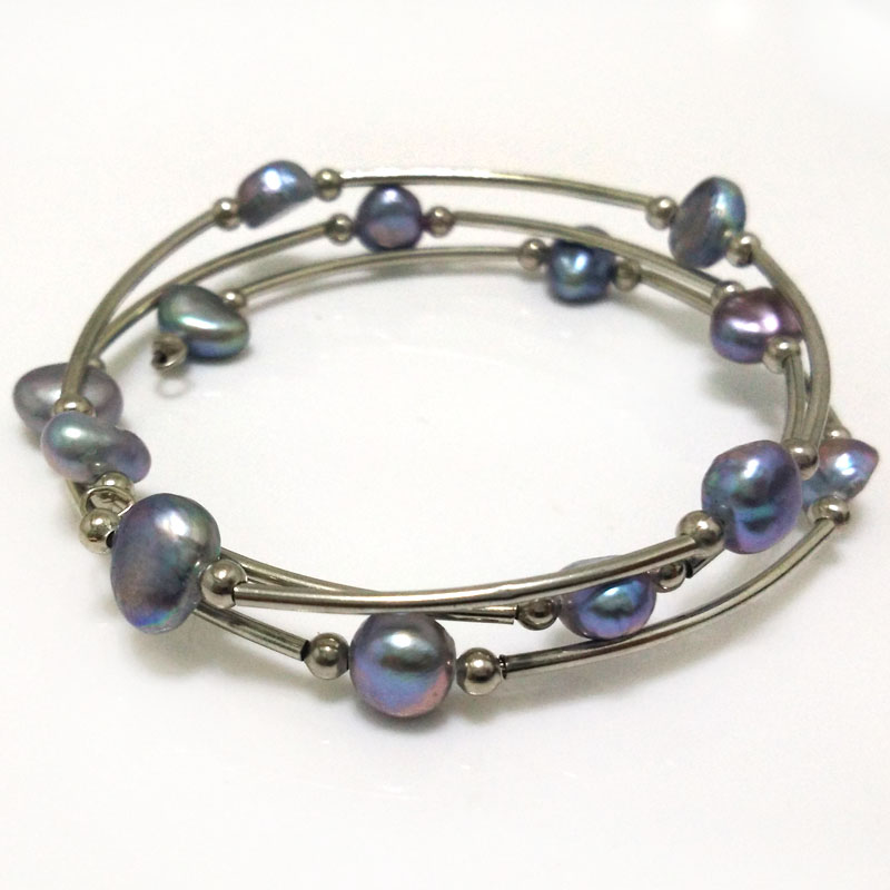 7.5-8 inches 8-9mm Gray Baroque Pearl Women Silver Memory Wire Bracelet