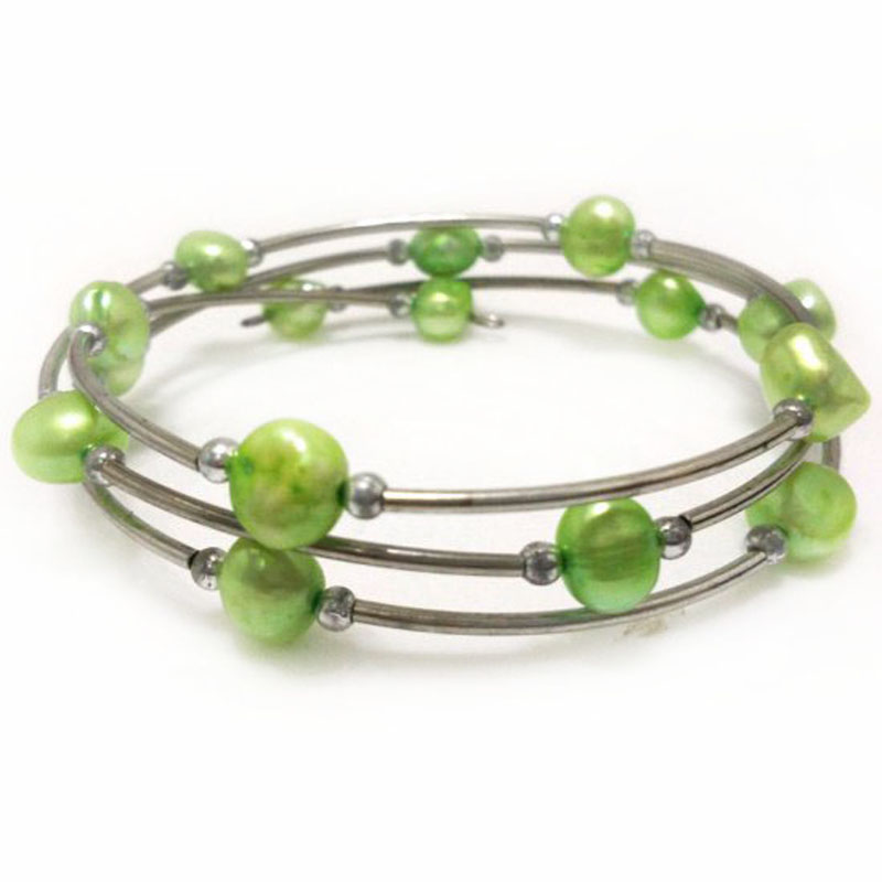 7.5-8 inches 8-9mm Light Green Baroque Pearl Women Pearl Memory Wire Bracelet