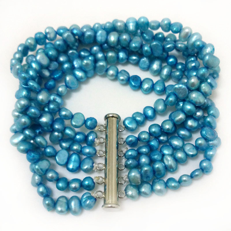 7.5 inches 6 Rows 6-7mm Blue Baroque Pearl Bracelet