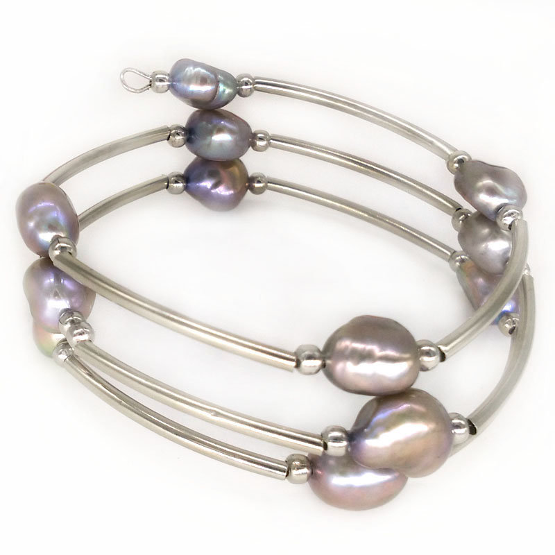 7.5-8 inches 8-9mm Silver Baroque Pearl Memory Wire Bracelet