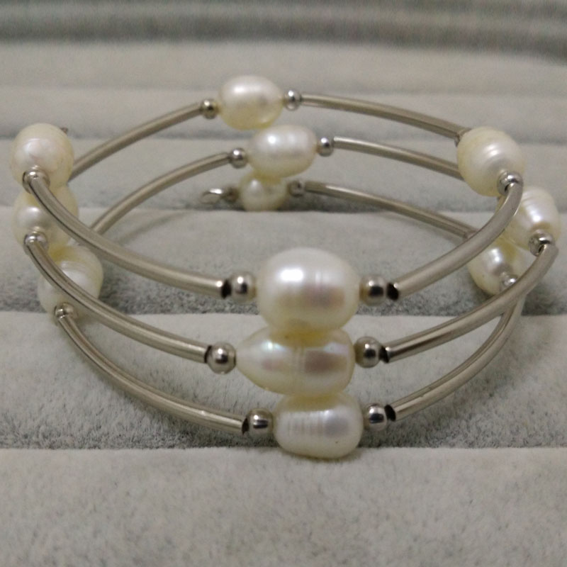 7.5-8 inches 7-8mm White Rice Pearl Silver Memory Wire Bracelet