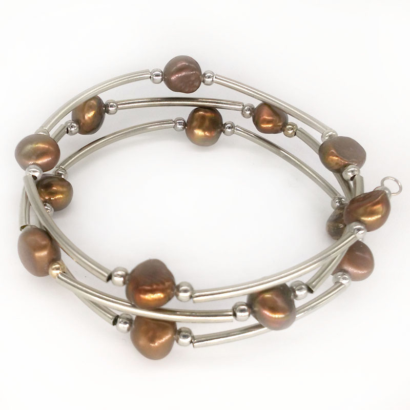 7.5-8 inches 8-9mm Chocolate Baroque Pearl Women Pearl Memory Wire Bracelet