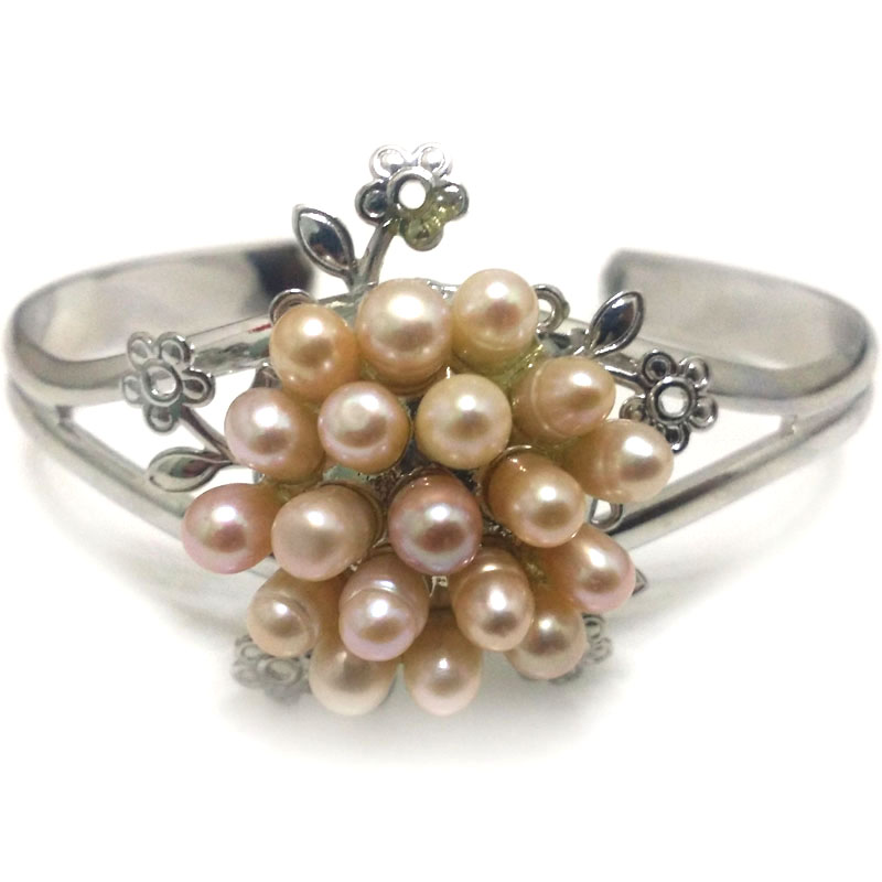 7.5-8 inches 5-6mm Natural Lavender Rice Cluster Flower Pearl Cuff Bangle