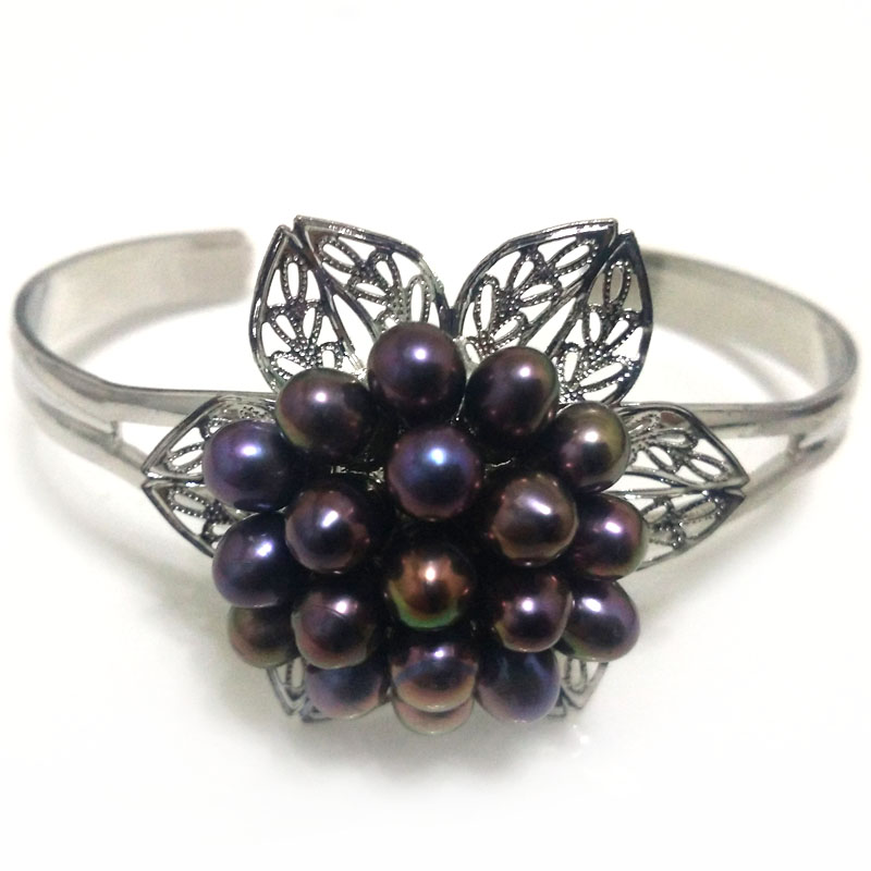 7.5-8 inches 5-6mm Black Natural Rice Cluster Flower Pearl Cuff Bangle