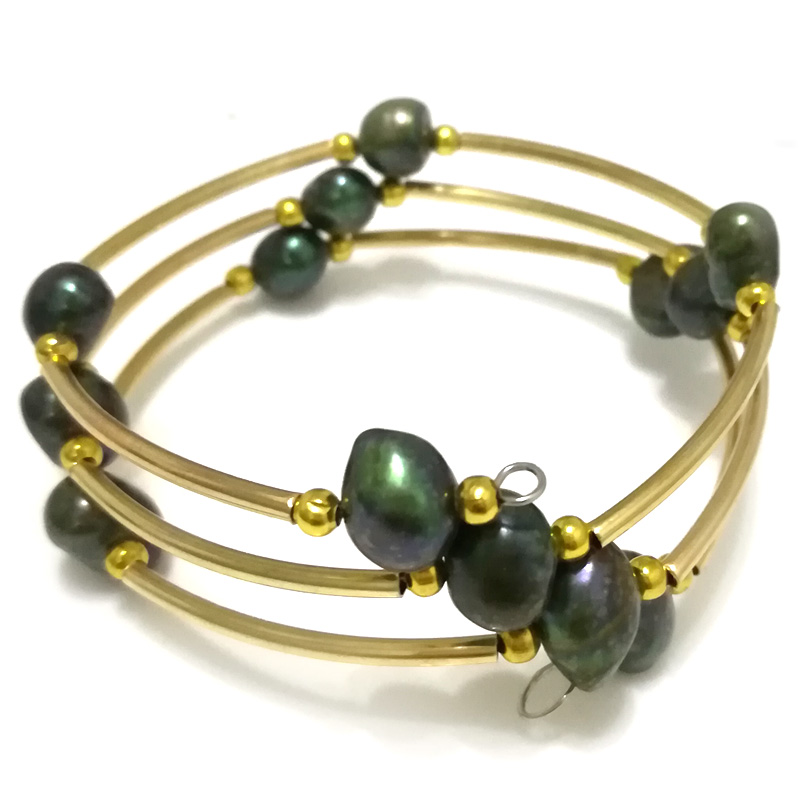 7.5-8 inches 8-9mm Dark Green Baroque Natural Pearl Gold Filled Bracelet
