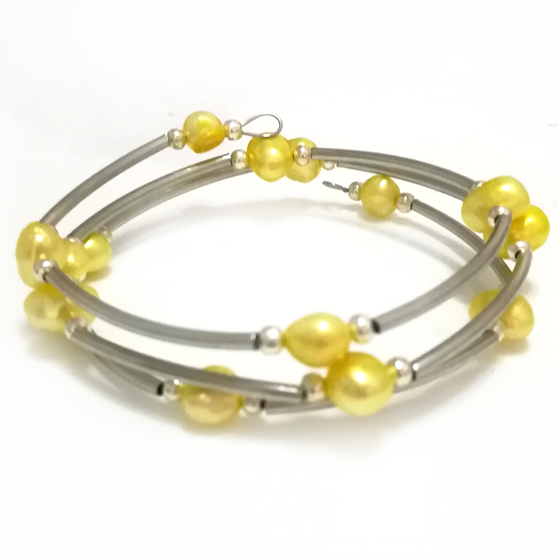 7.5-8 inches 8-9mm Yellow Natural Baroque Pearl Women Silver Memory Wire Bracelet