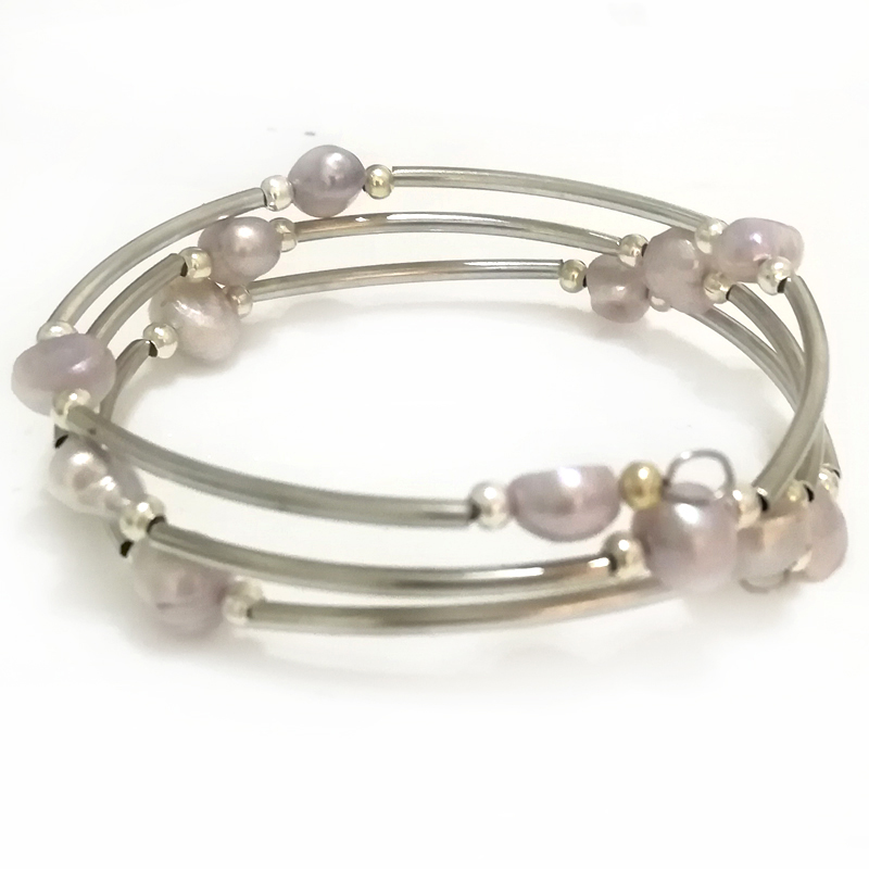 7.5-8 inches 8-9mm Lilac Natural Baroque Women Silver Memory Wire Bracelet