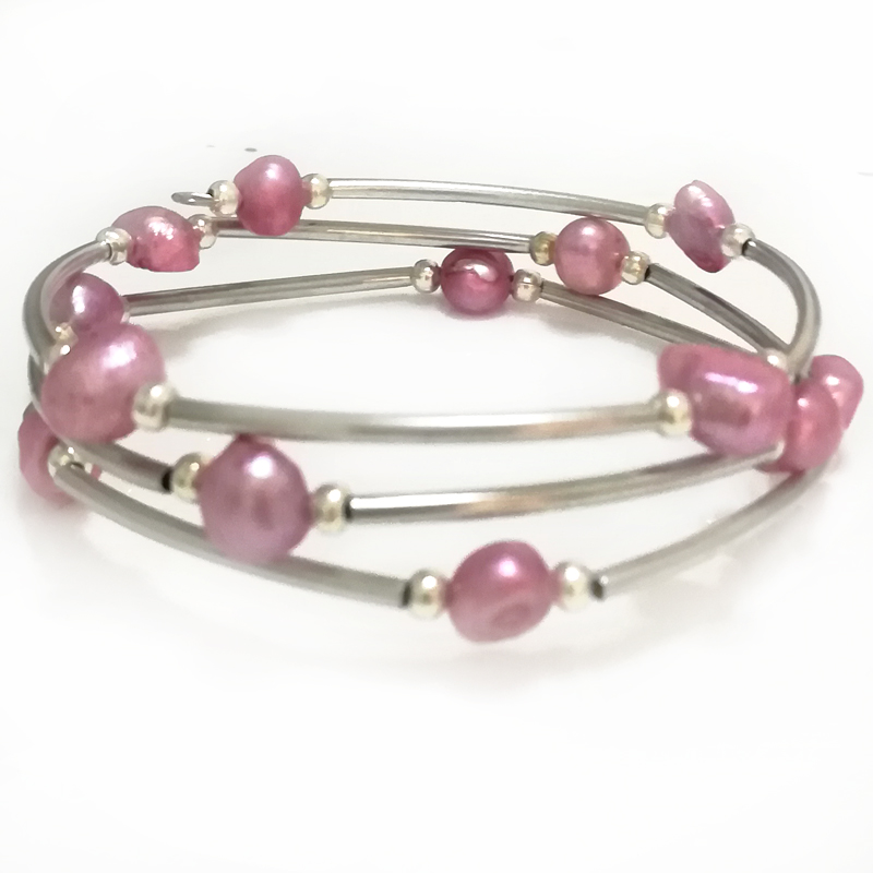 7.5-8 inches 8-9mm Hot Pink Natural Baroque Women Memory Wire Bracelet