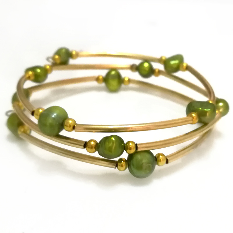 7.5-8 inches 8-9mm Army Green Natural Baroque Pearl Women Gold Filled Bracelet